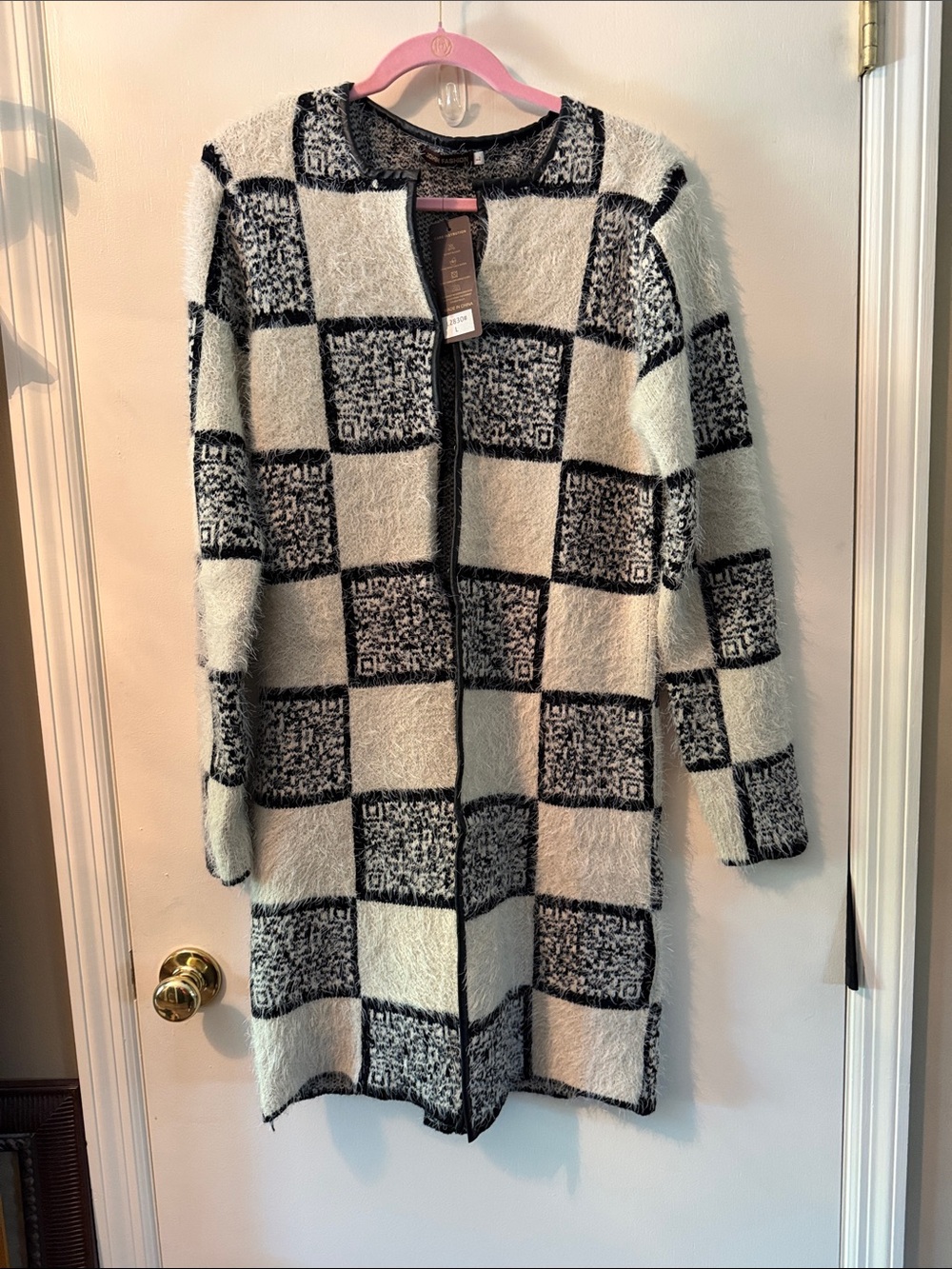 Checkerboard Open Cardigan Sweater - Black & Cream